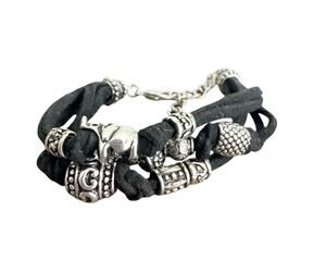 Black and silver tone boho elephant charm beaded adjustable bracelet